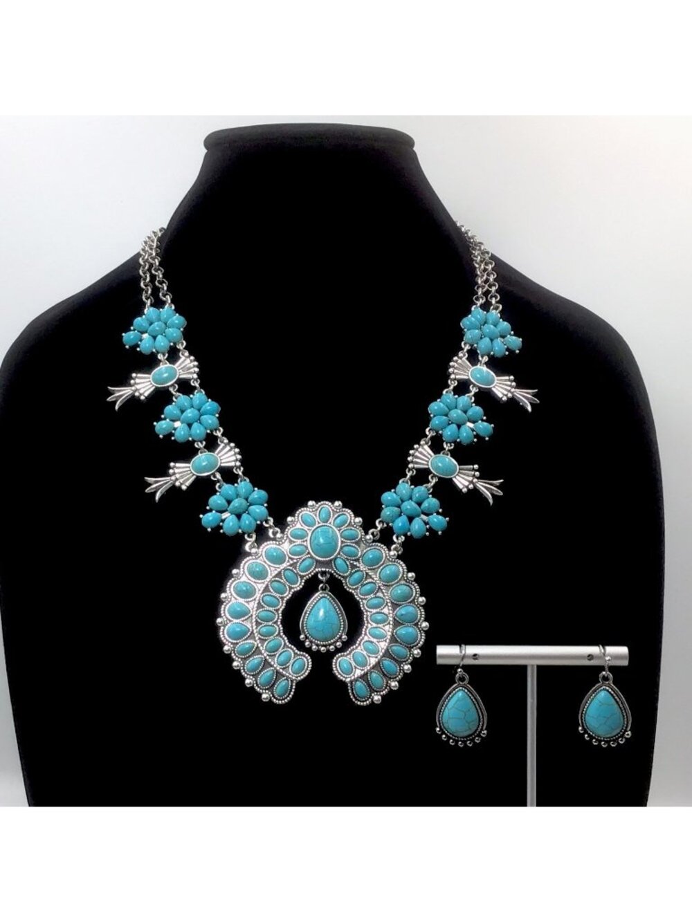Faux Turquoise Squash Blossom 24” Necklace And Earring Set
